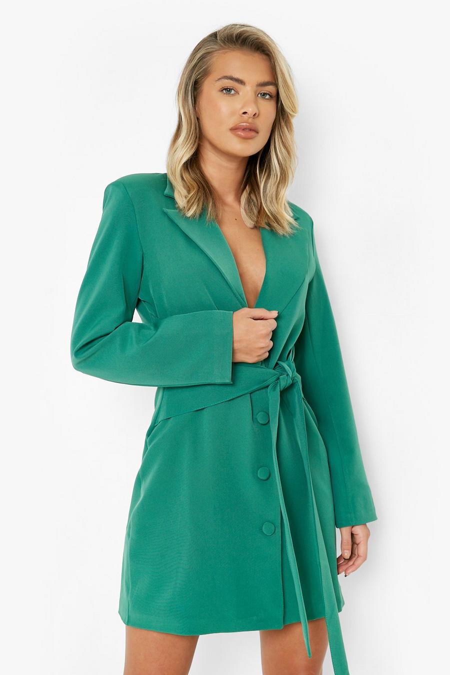 Emerald green Tie Waist Button Front Blazer Dress
