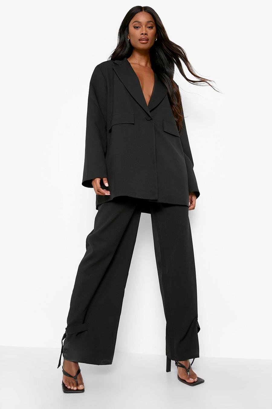 Black Ankle Detail Pleat Front Tailored Pants image number 1