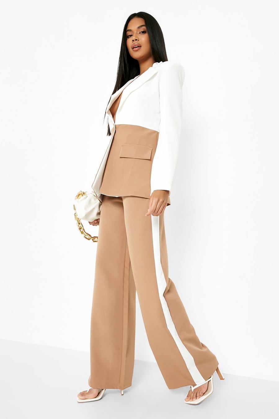 Camel Contrast Panel Wide Leg Trousers image number 1