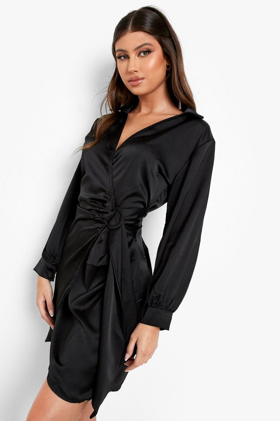 Black Satin Wrap Front Buckle Detail Shirt Dress image number 1