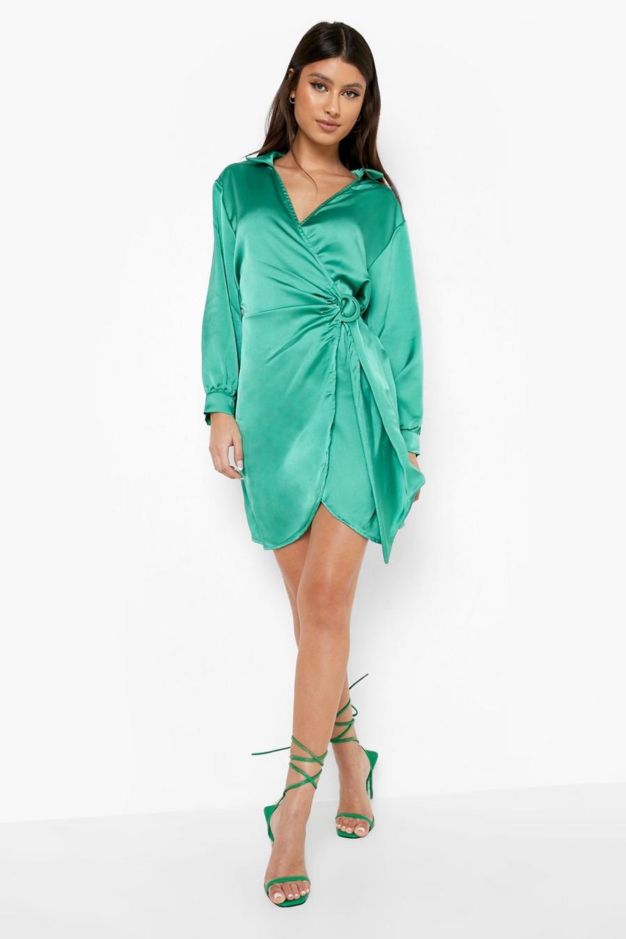 Bright green Satin Wrap Front Buckle Detail Shirt Dress image number 1