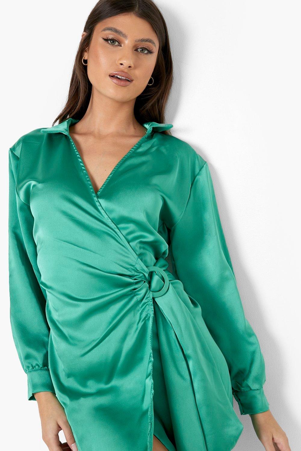 Oaklie Emerald Green Satin Mesh Sleeve Dress With Feathers – Miss Circle