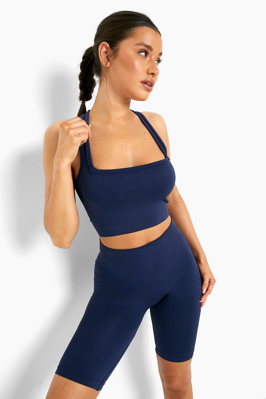 Navy Thick Seamfree Square Neck Sports Bra image number 1