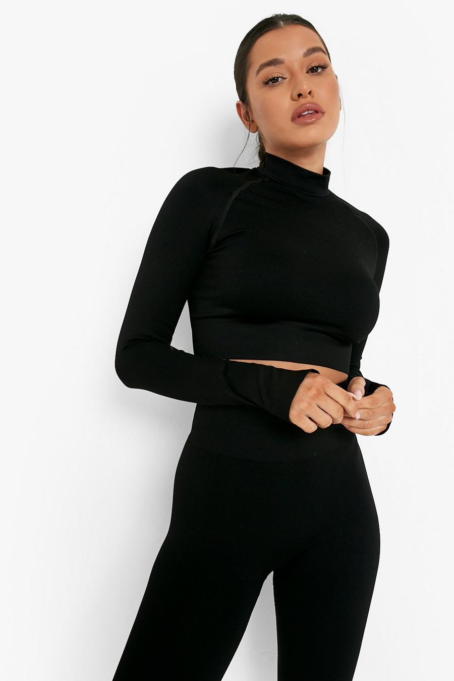 Black Thick Seamfree Long Sleeve Crop Top image number 1