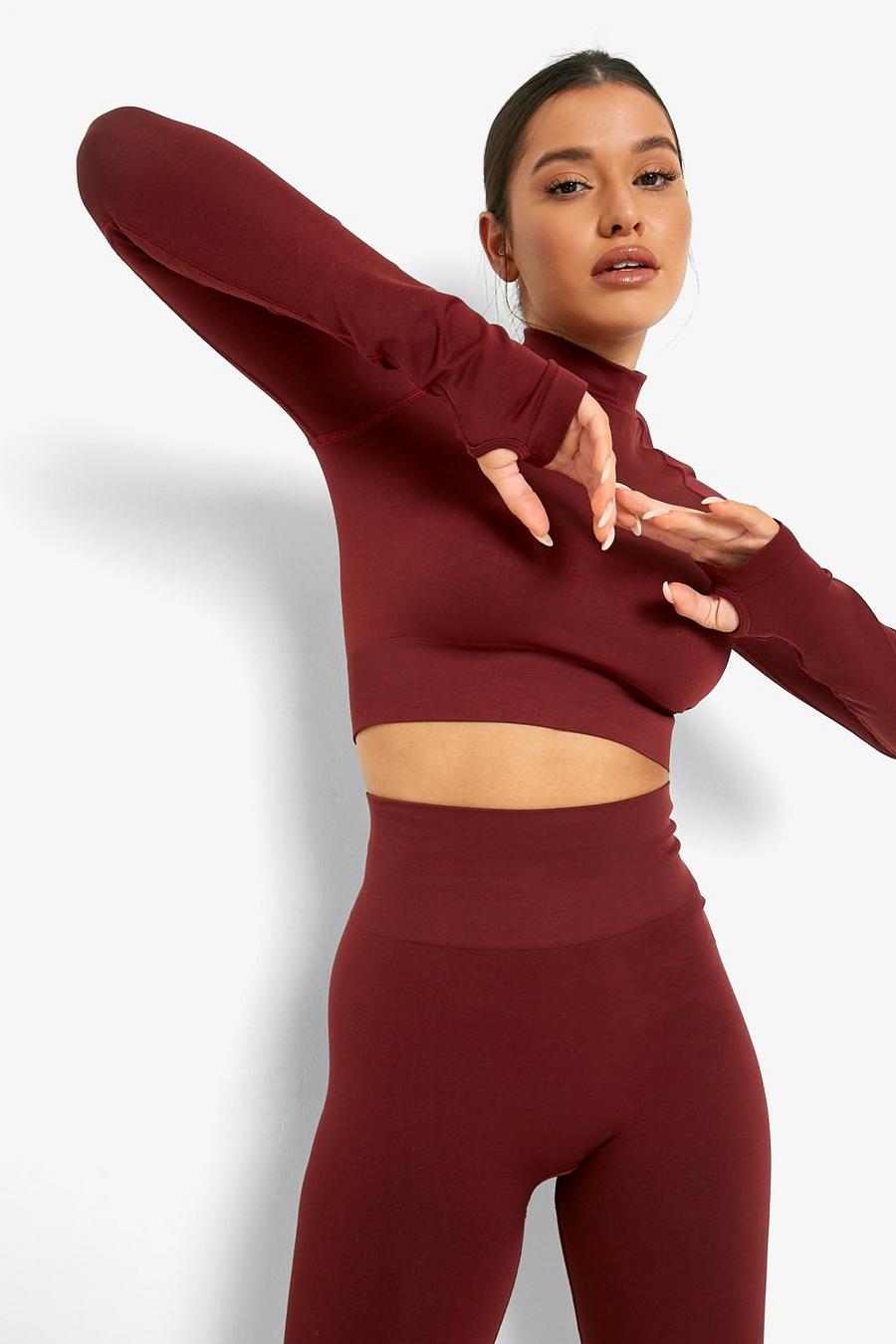 Burgundy Thick Seamfree Long Sleeve Crop Top image number 1