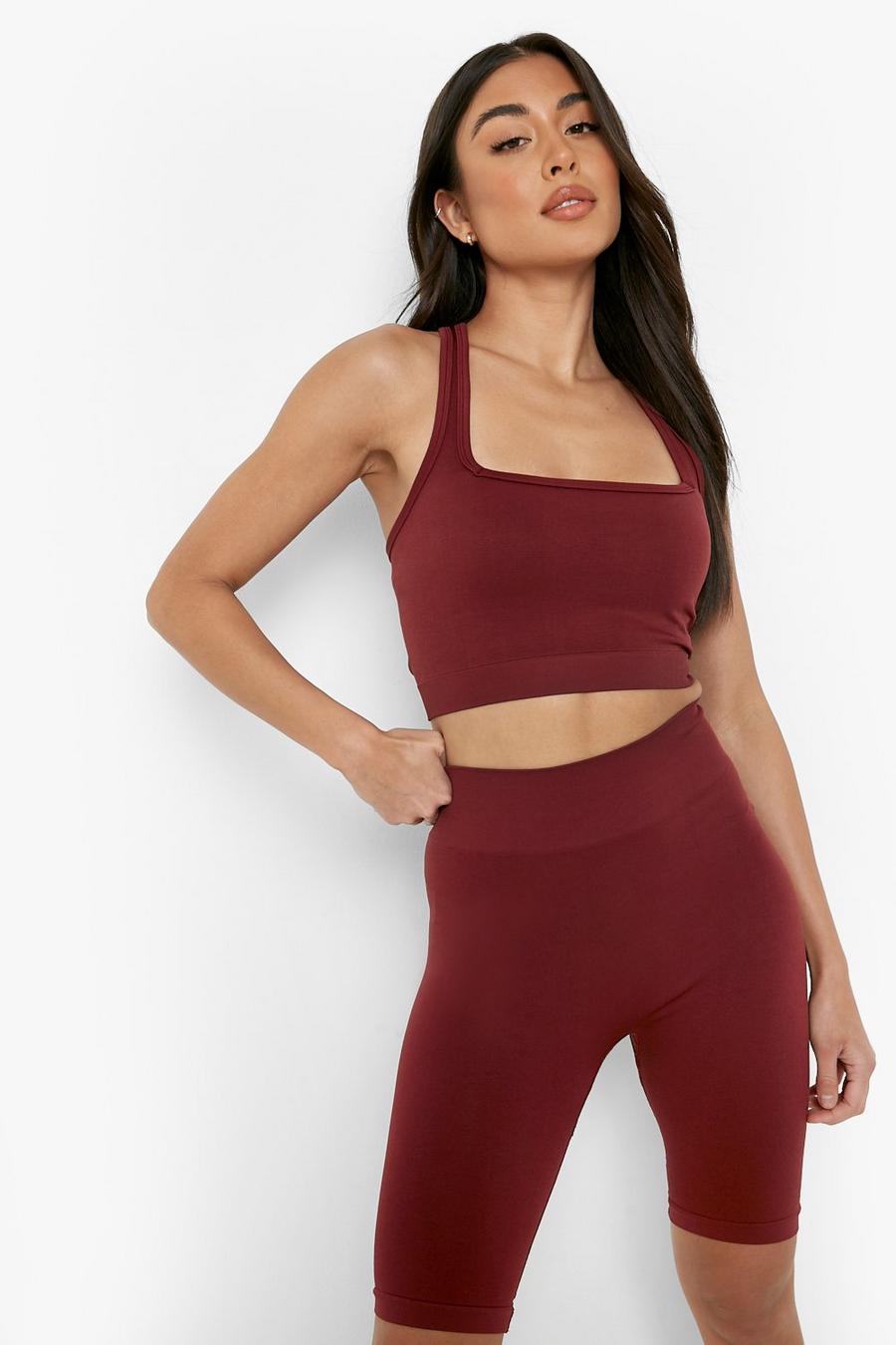 Burgundy Thick Seamless Square Neck Sports Bra image number 1