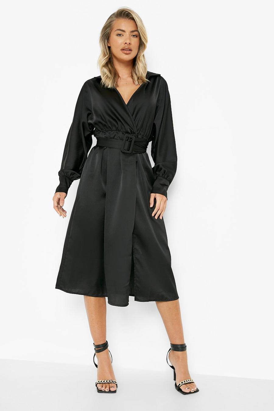 Black Satin Wrap Self Fabric Belted Midi Dress image number 1