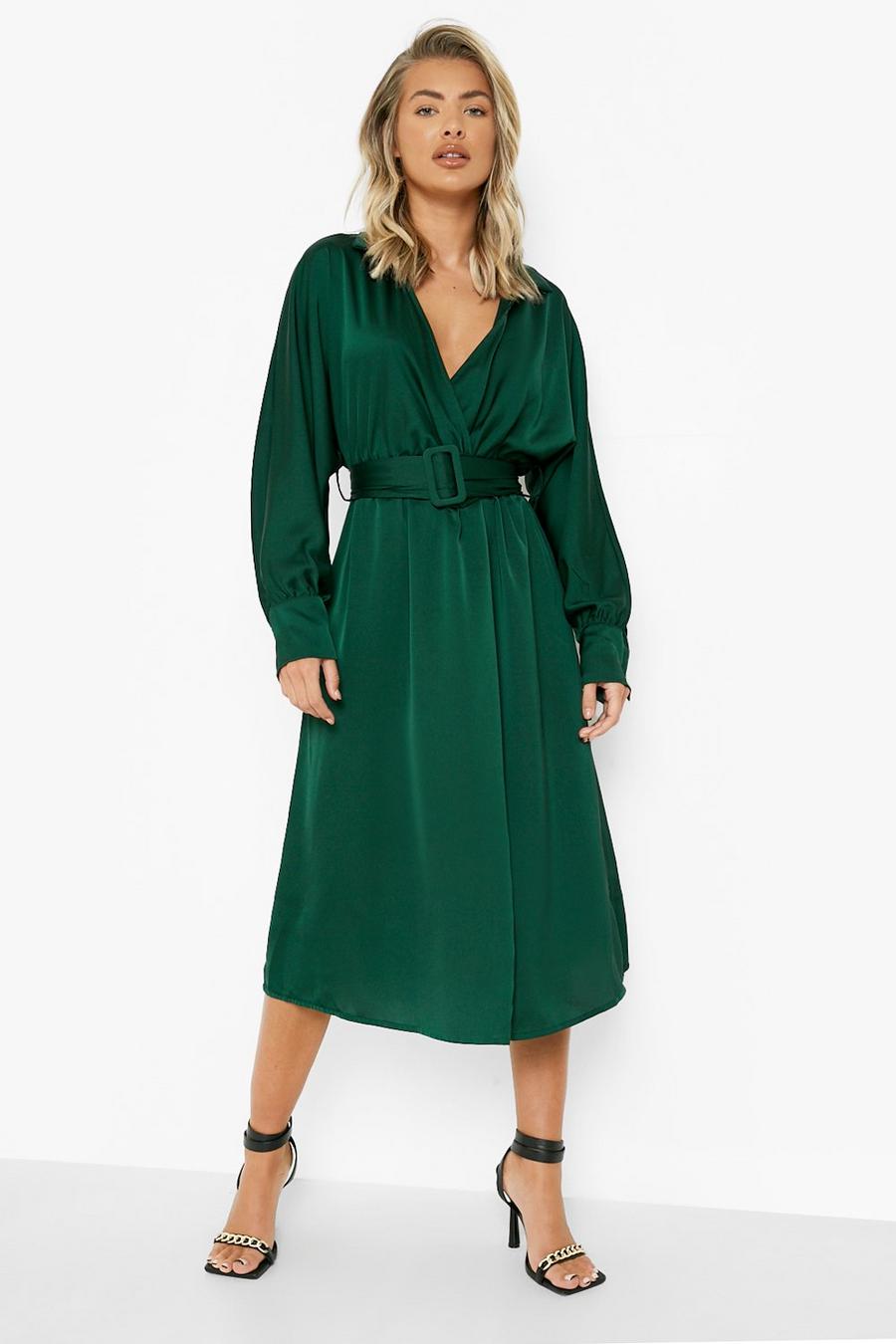 Emerald grön Satin Wrap Self Fabric Belted Midi Dress image number 1