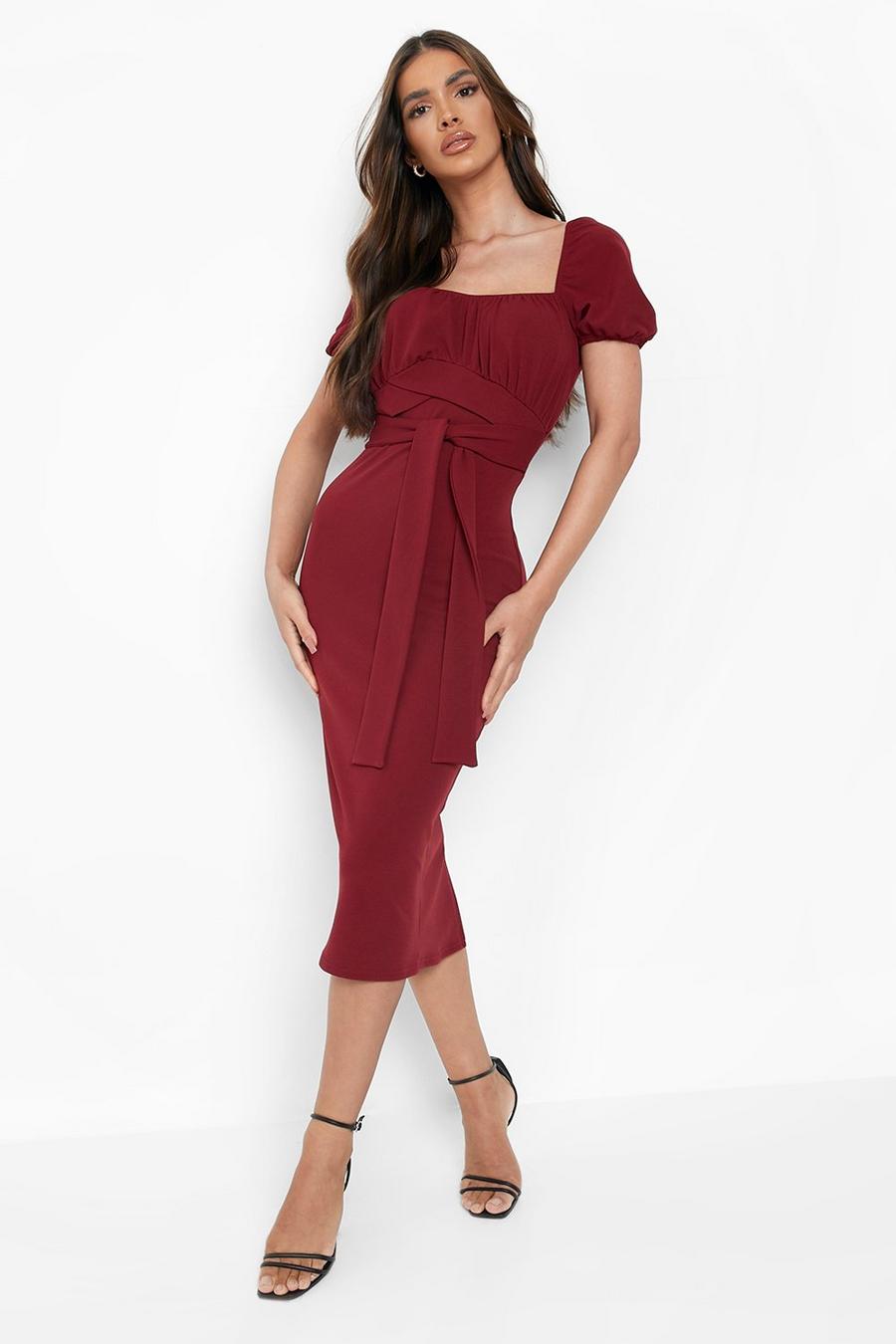 Berry rouge Ruched Bust Tie Bac Bodycon Midi Dress image number 1