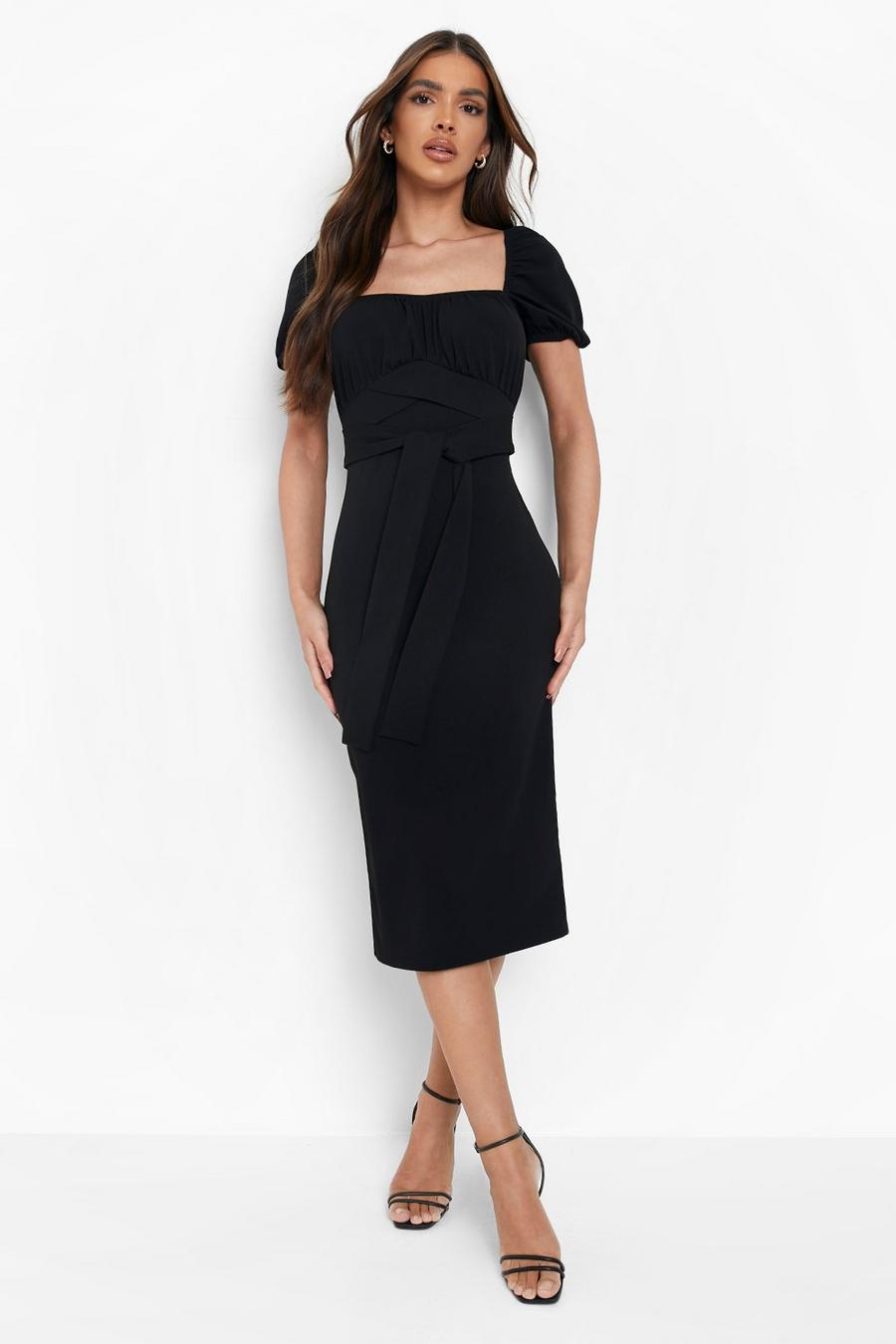 Black Ruched Bust Tie Back Bodycon Midi Dress image number 1
