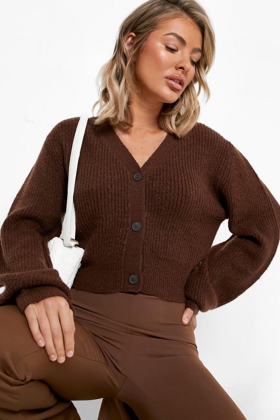 Chocolate Balloon Sleeve Cropped Cardigan image number 1
