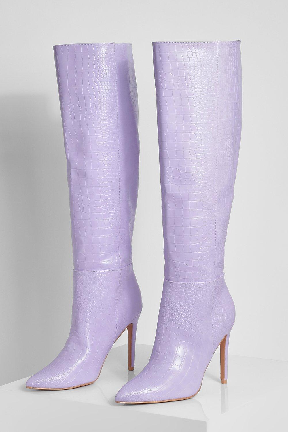 Croc Knee High Pointed Stiletto Heel Boots