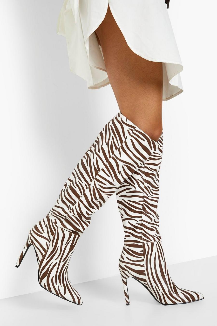 Zebra Knee High Pointed Stiletto Heel Boots