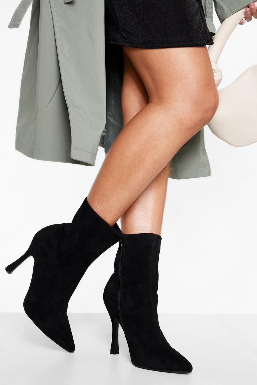 Black Wide Fit Pointed Toe Heeled Boot