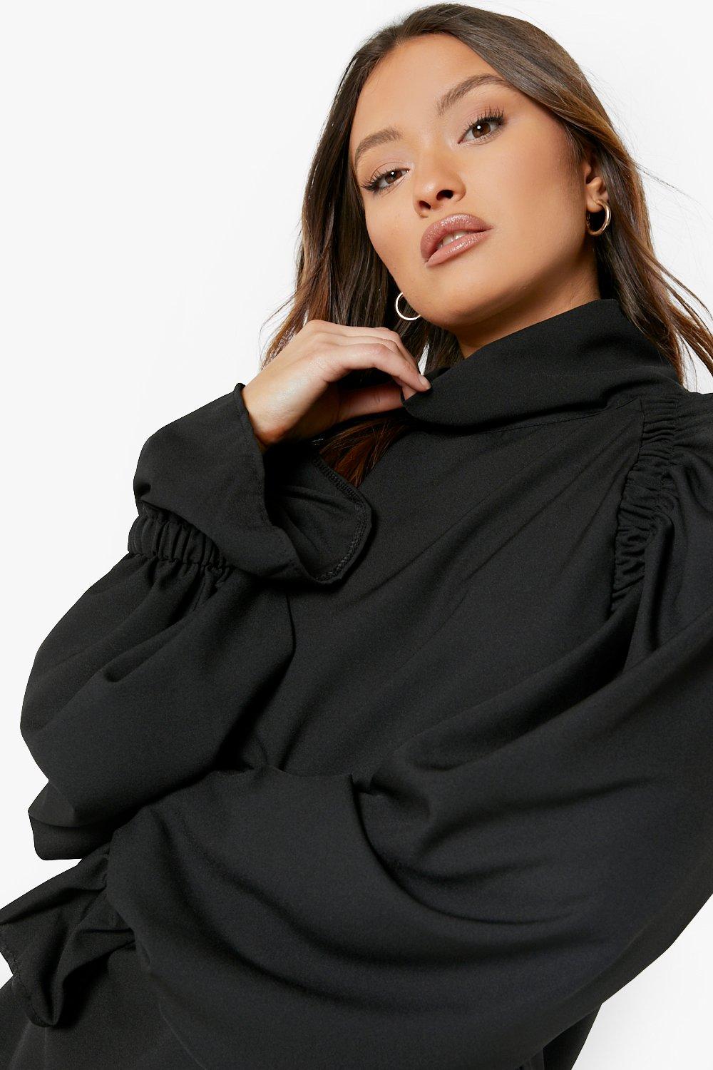 Black Gathered Shoulder High Neck Blouse