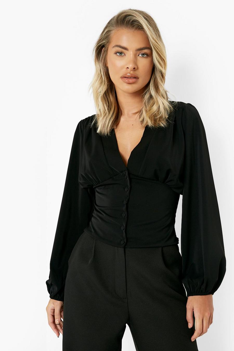 Black Button Front Balloon Sleeve Blouse image number 1