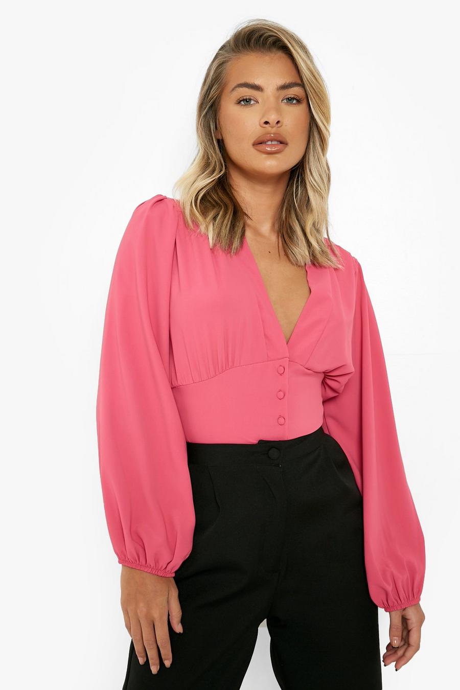 Hot pink Button Front Balloon Sleeve Blouse image number 1
