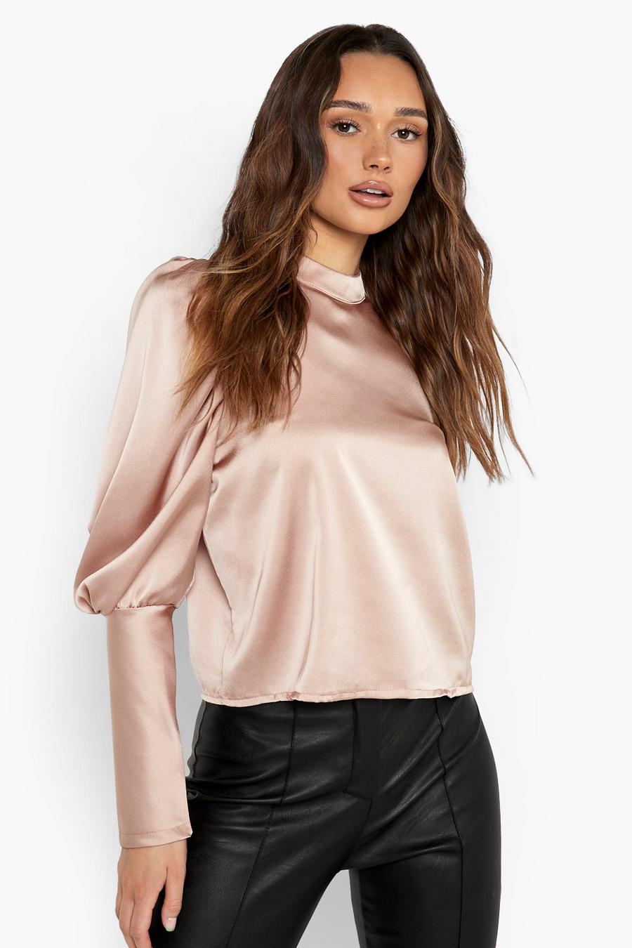 Sand Satin High Neck Deep Cuff Blouse image number 1