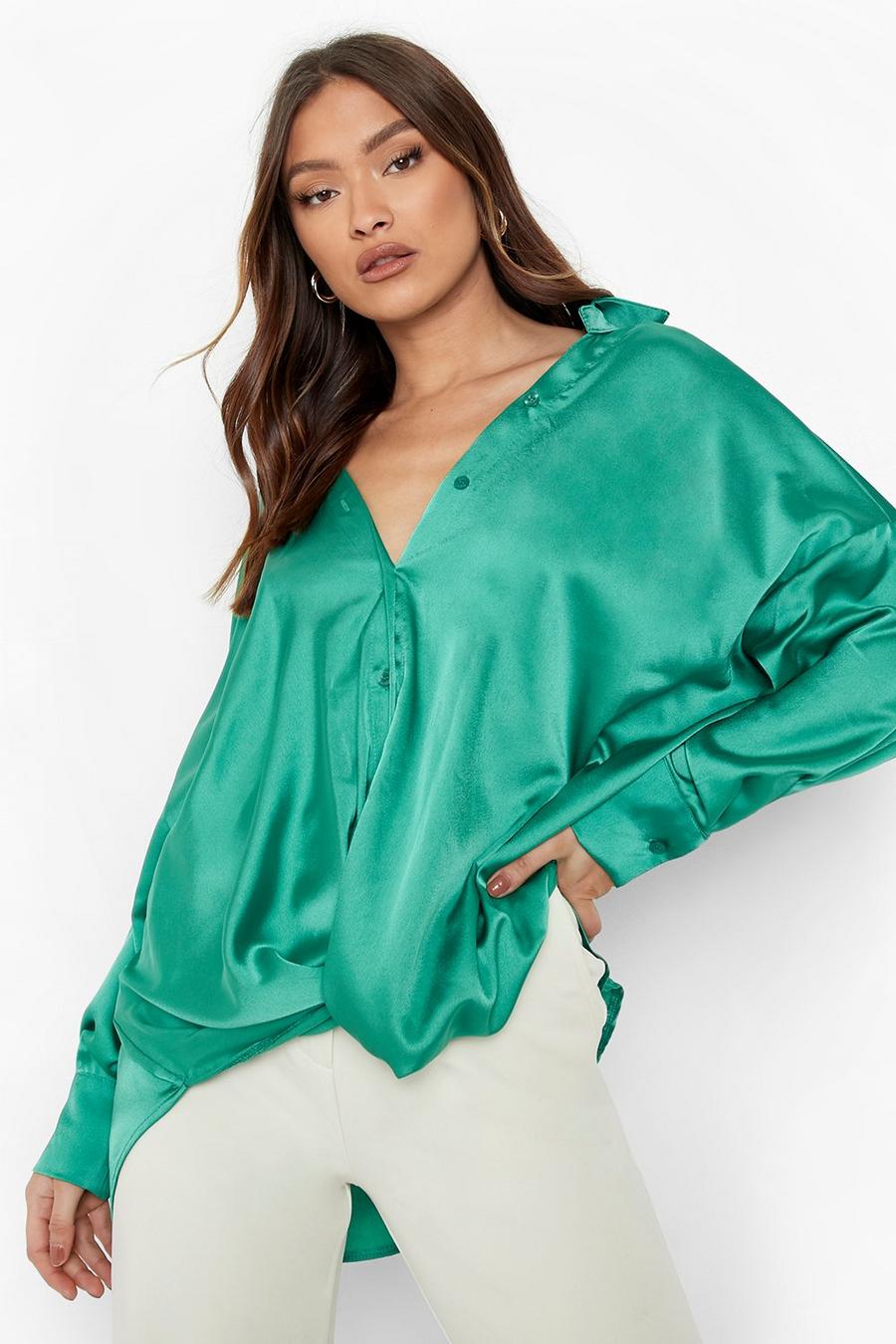 Bright green Satin Knot Front Oversized Shirt image number 1
