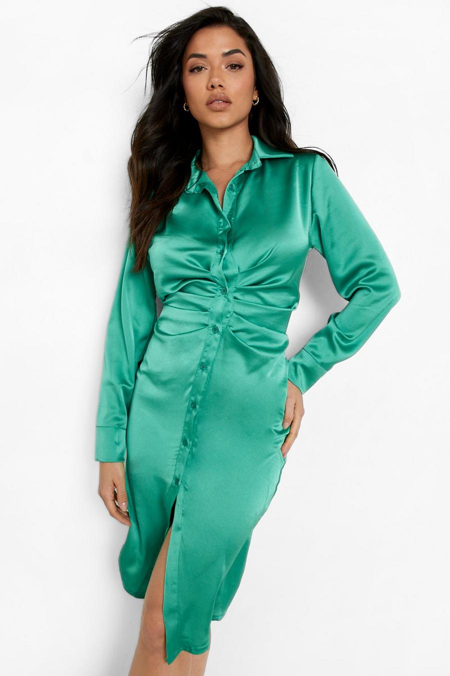 Bright green Satin Ruched Front Shirt Dress image number 1