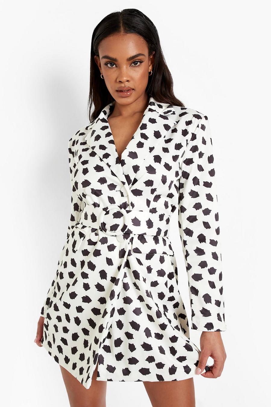Ivory white Abstract Polka Dot Belted Tailored Blazer