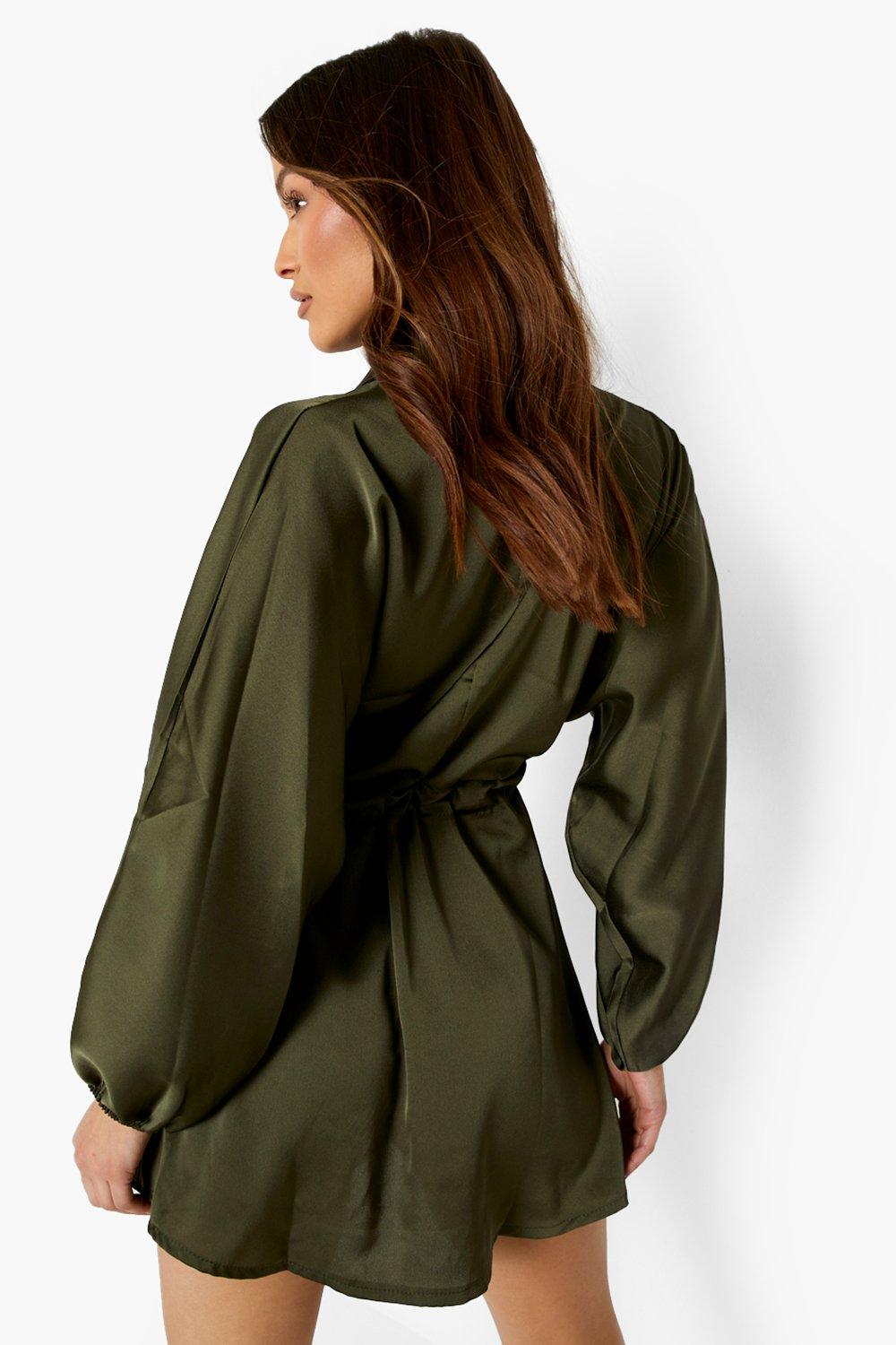 Khaki satin shirt dress hot sale