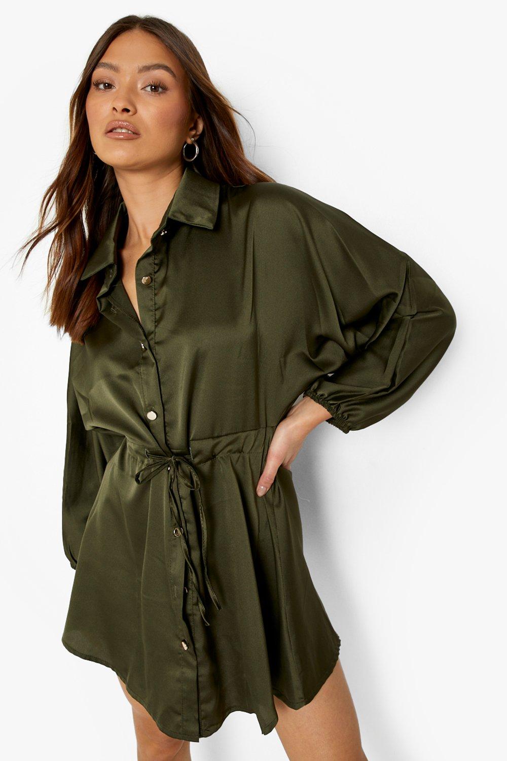 Satin Tie Waist Puff Sleeve Shirt Dress boohoo