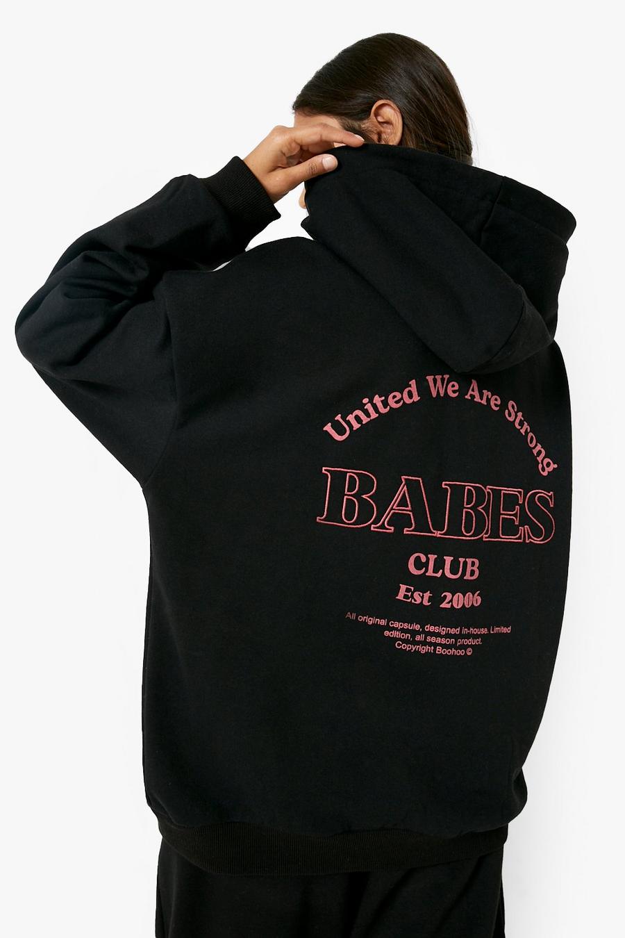 Sudadera oversize con capucha y estampado Babes Club en la espalda, Black image number 1