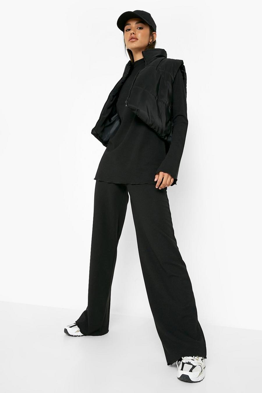 Black Ribbed Longline Top & Wide Leg Trousers image number 1