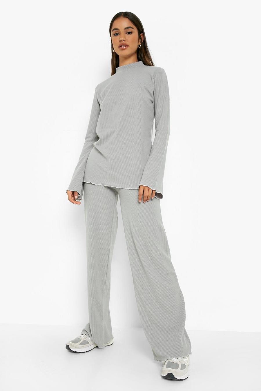 Grey Ribbed Longline Top & Wide Leg Trousers image number 1