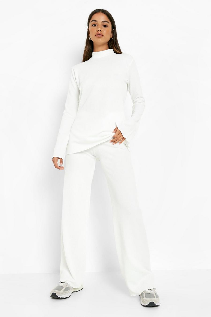 Ivory Ribbed Longline Top & Wide Leg Trousers image number 1