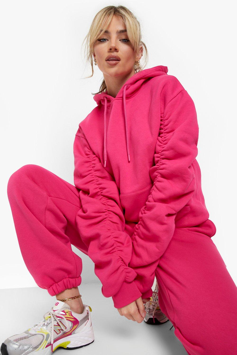 Pink ruched best sale sleeve hoodie