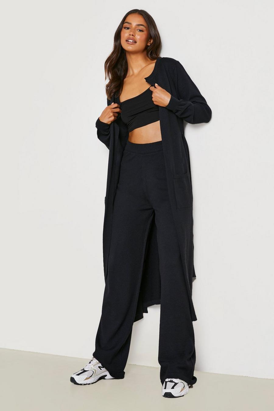 Black Maxi Cardigan And Wide Trouser Knitted Set image number 1
