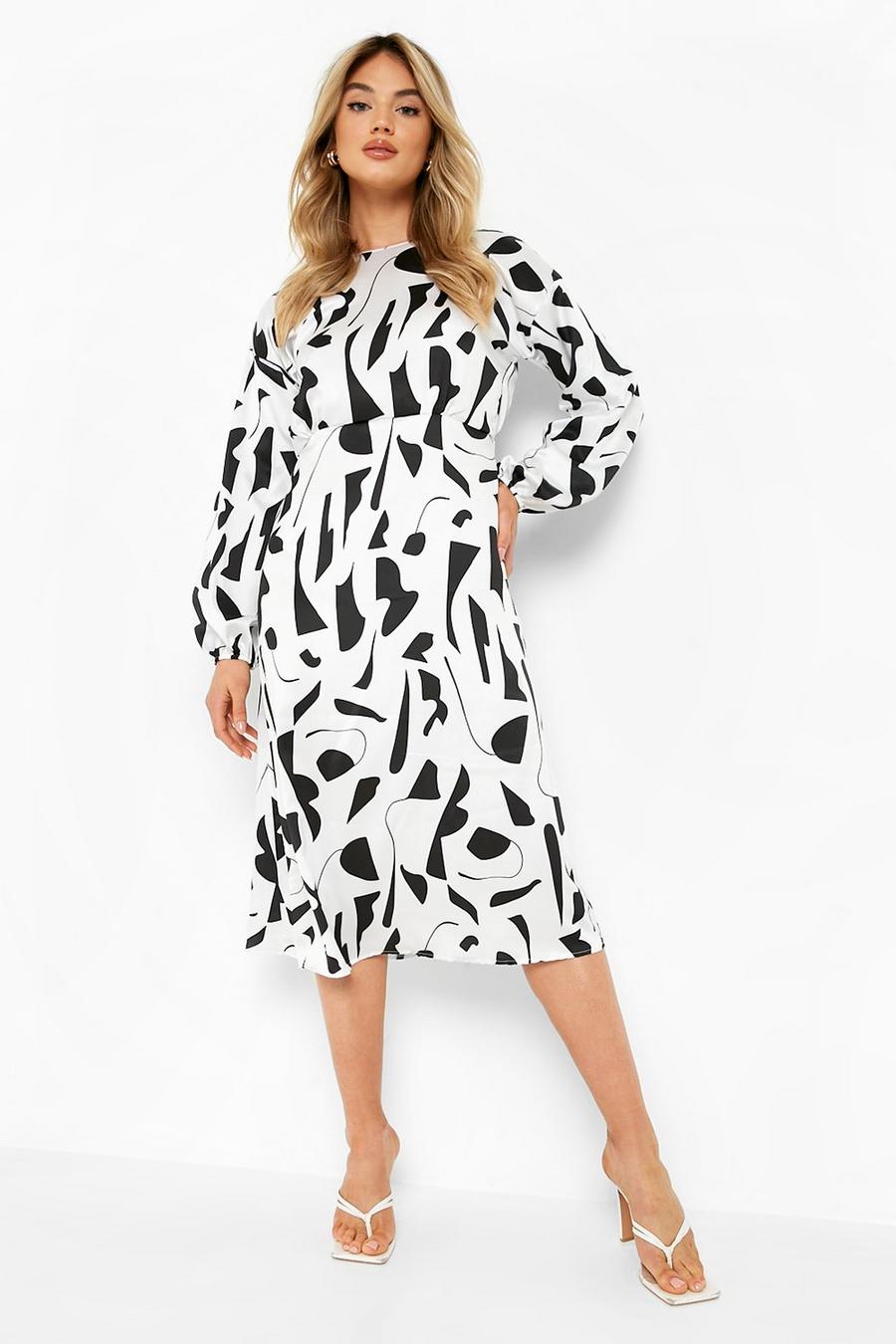 Ivory Satin Puff Sleeve Abstract Midi Dress image number 1