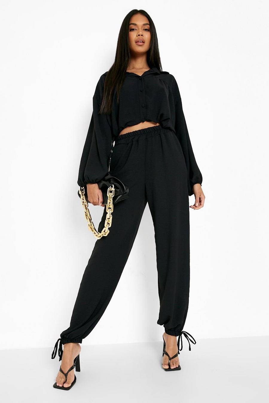 Black Woven Tie Cuff Relaxed Fit Joggers image number 1