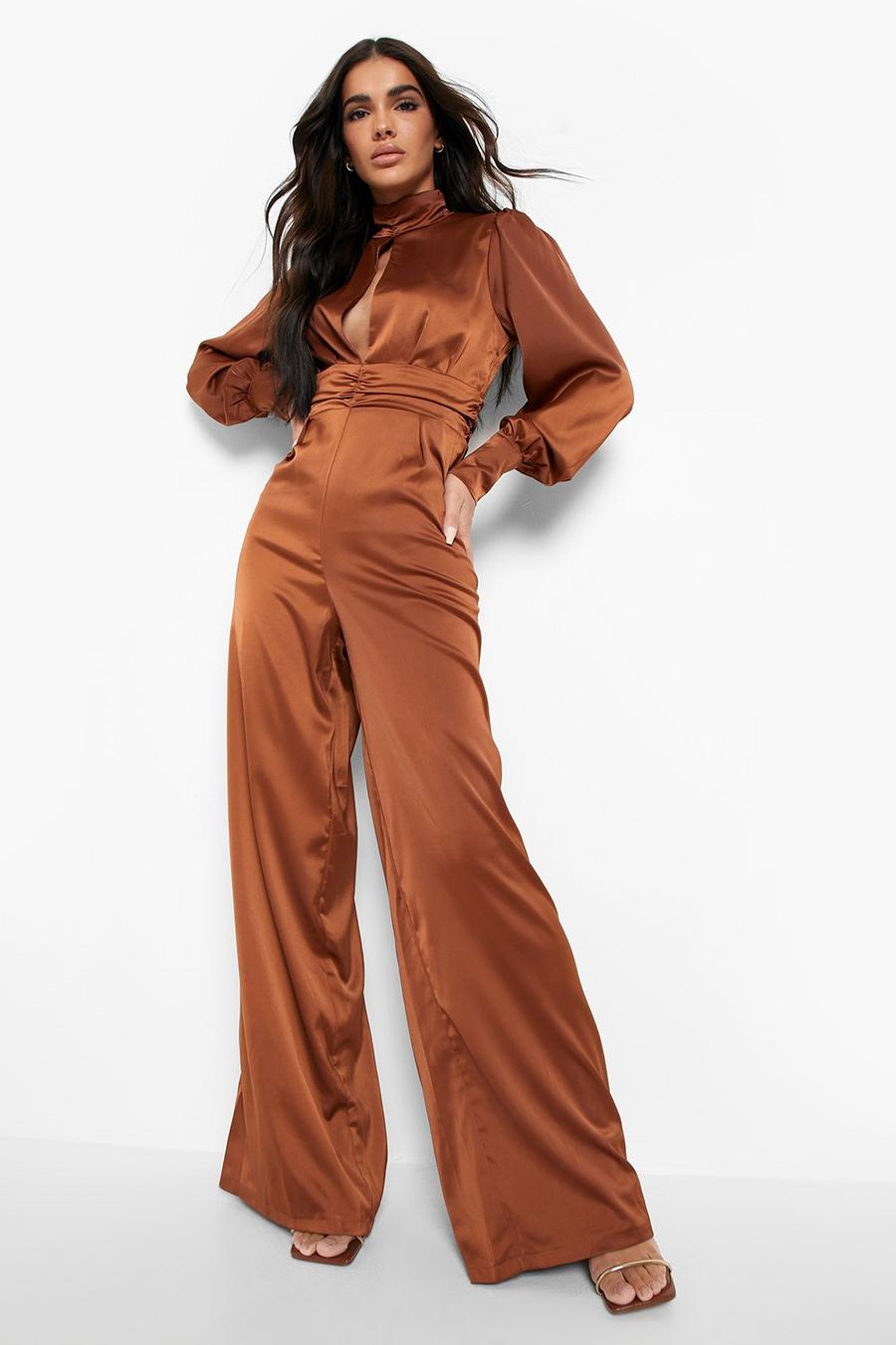 Chocolate Satin Open Back Wide Leg Jumpsuit image number 1