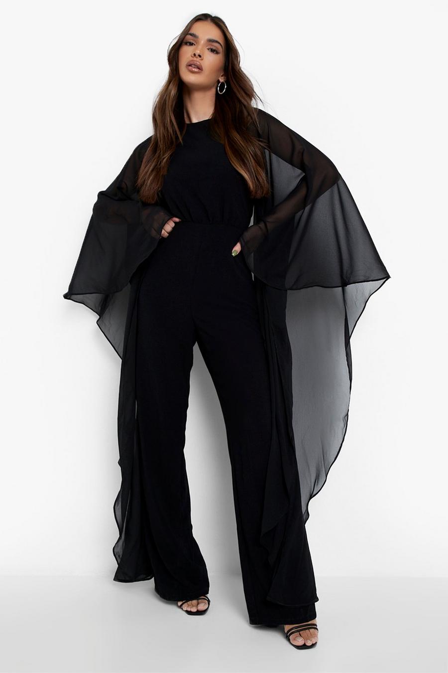 Black svart Jumpsuit i chiffong med cape och vida ben image number 1