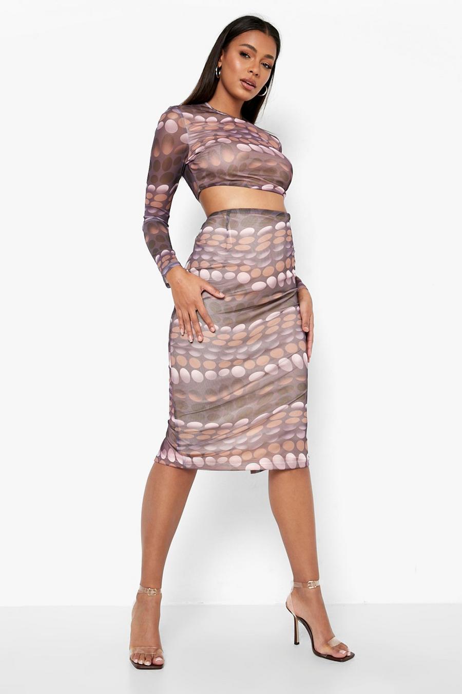 Chocolate marron Mesh Tonal Illusion Print Crop & Midi Skirt