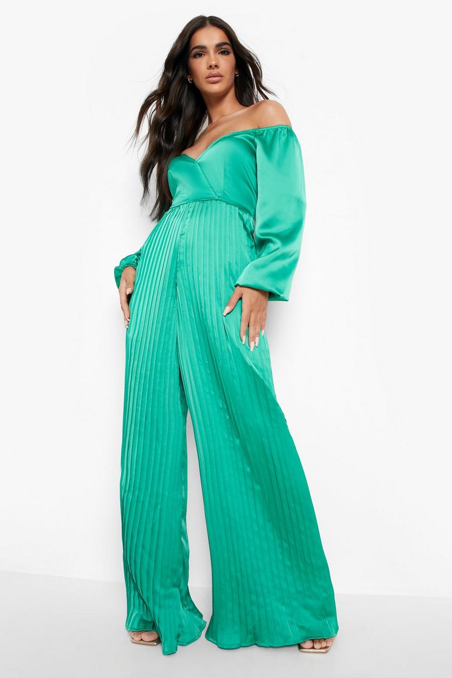 Green Pleated Off The Shoulder Culotte Jumpsuit image number 1