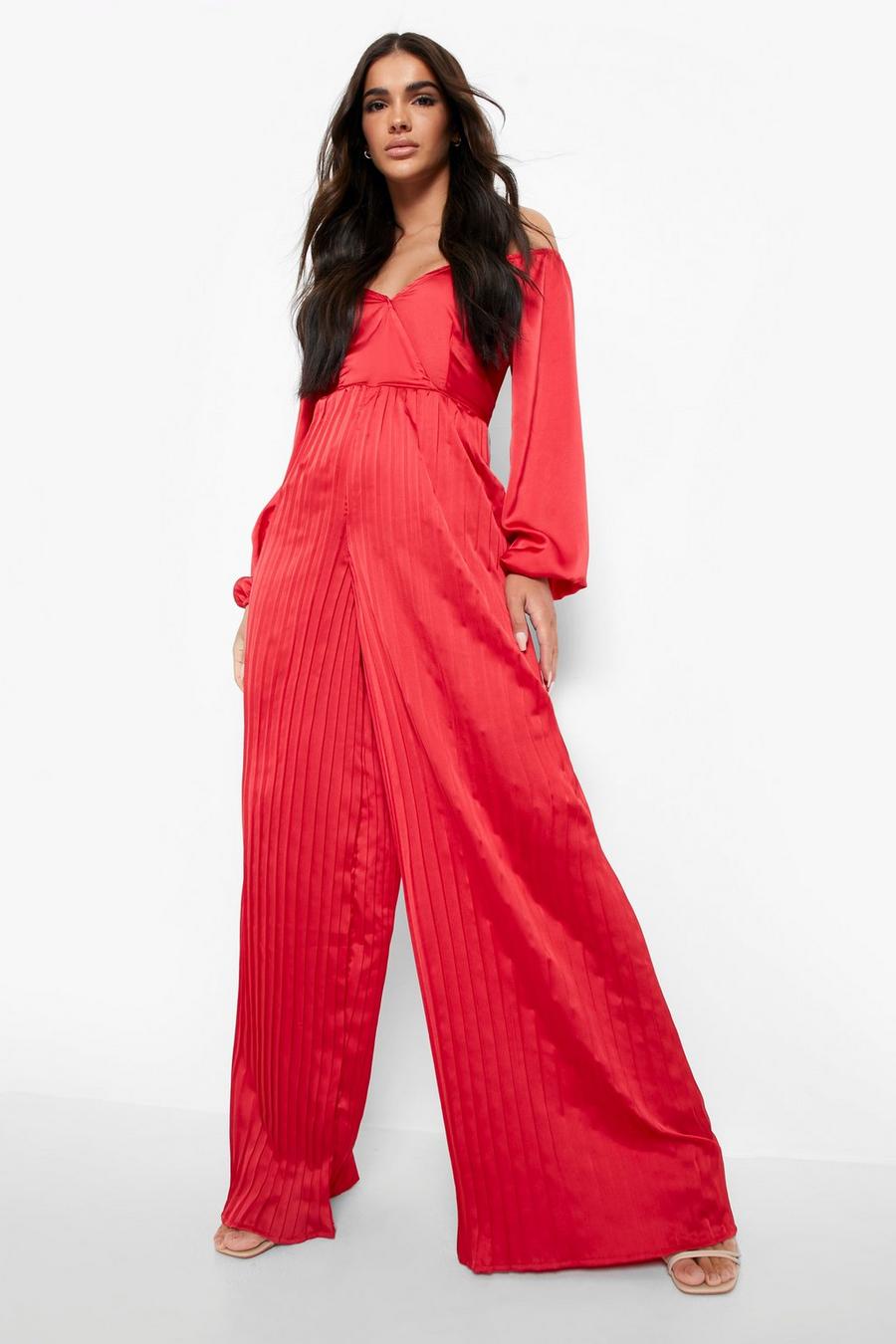 Combinaison jupe-culotte plissée à épaules dénudées, Red image number 1