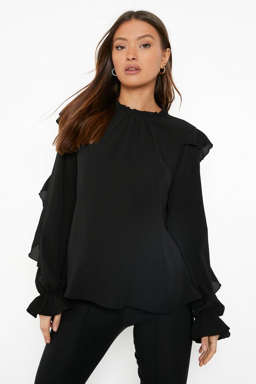 Black Woven High Neck Ruffle Sleeve Blouse image number 1