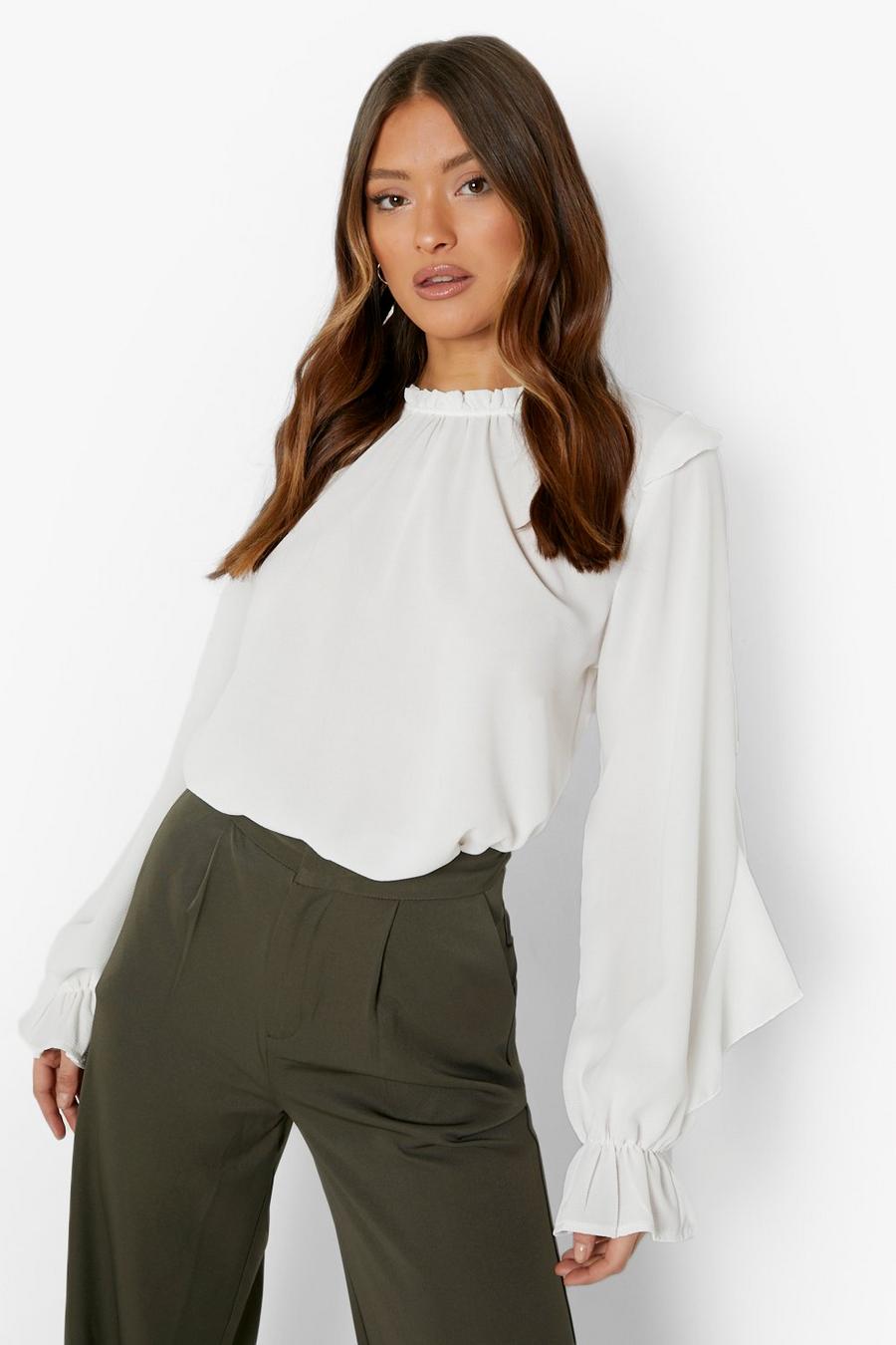 Ivory Woven High Neck Ruffle Sleeve Blouse image number 1
