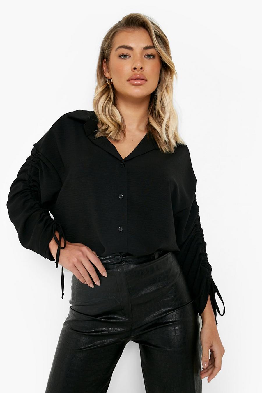Black Woven Ruched Sleeve Textured Shirt image number 1