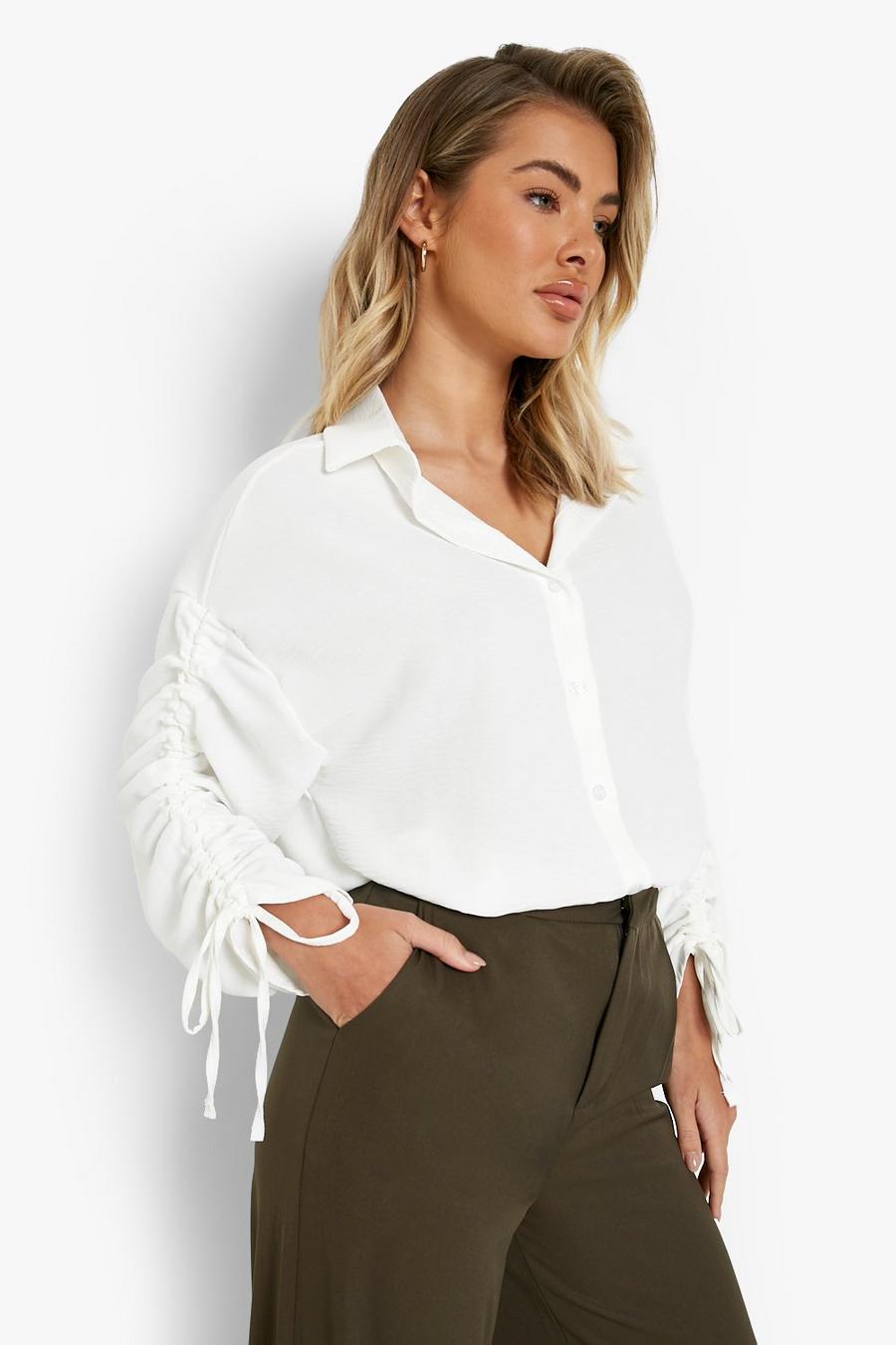 Ivory Woven Ruched Sleeve Textured Shirt image number 1
