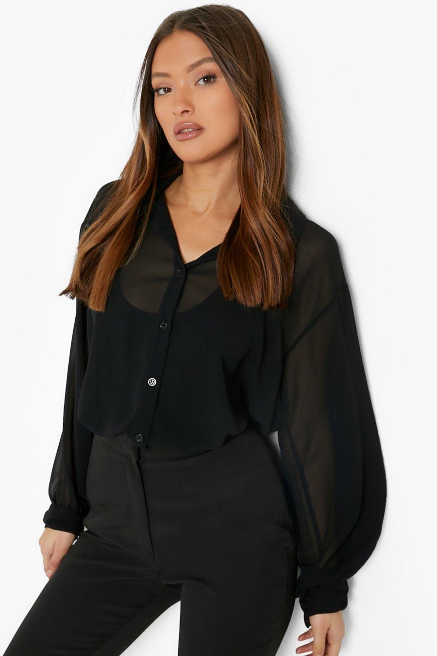 Black Woven Sheer Oversized Longline Shirt image number 1