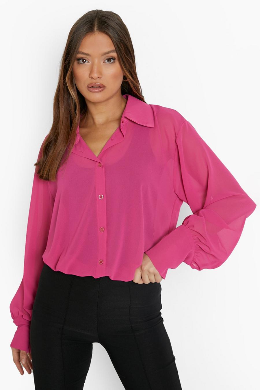Hot pink Woven Sheer Oversized Longline Shirt image number 1
