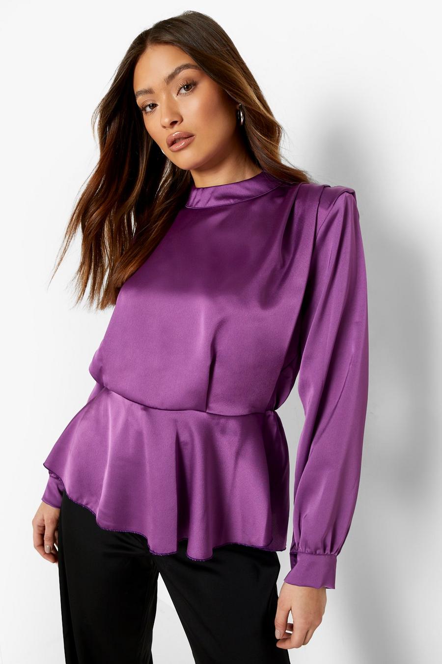 Blusa in raso con spalline imbottite, Purple image number 1