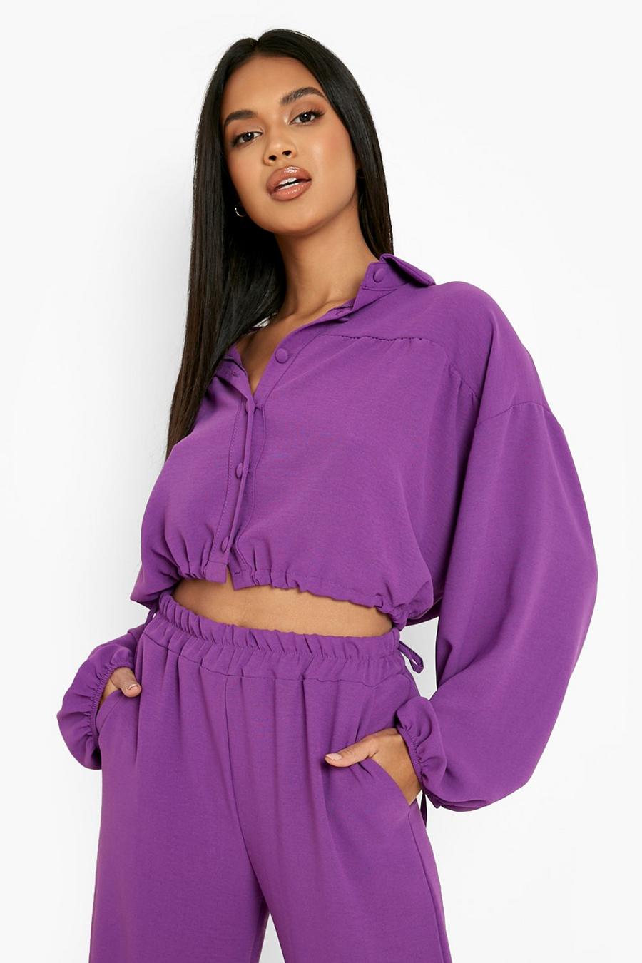 Purple Woven Ruched Waist Volume Sleeve Shirt