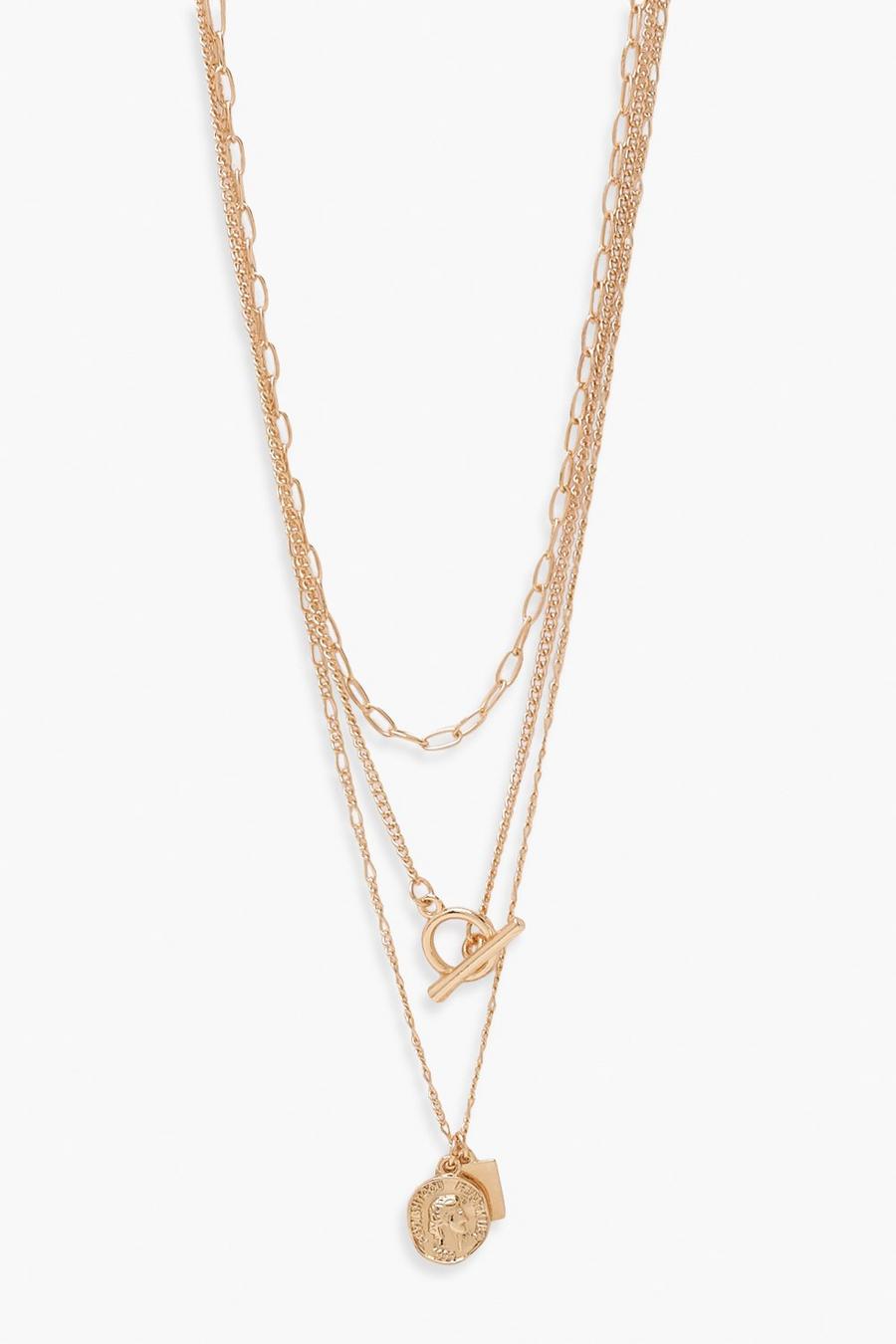 Gold Triple Mix Chain T-bar Layering Necklace image number 1