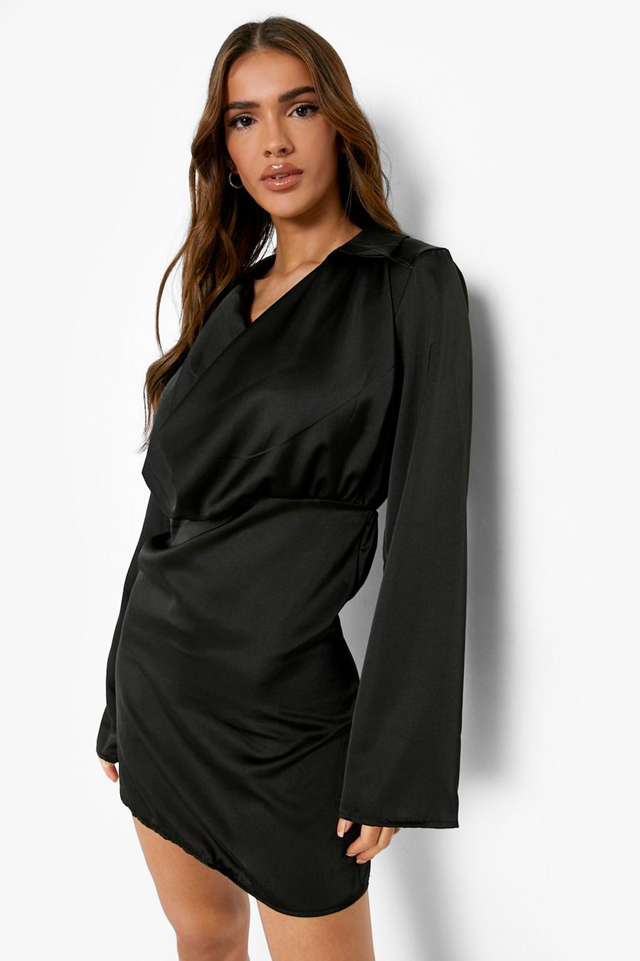 Black שמלת חולצה מיני סאטן עם מחשוף נשפך image number 1